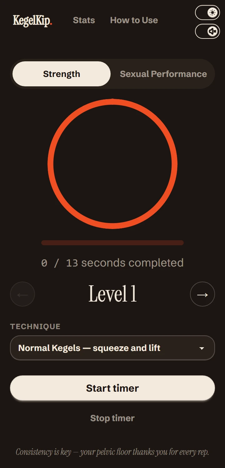 The KegelKip timer on Level 1, showing the squeeze ring, technique picker and start button.